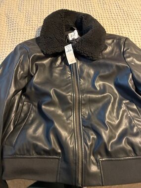 GAP Black Faux Leather Bomber with Sherpa Collar